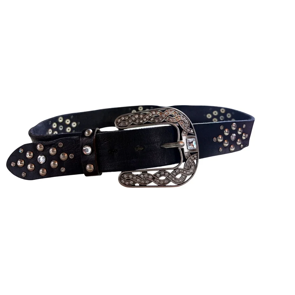 BKE Womens Black Leather Western‎ Belt Crystal Studded Silver Buckle Size S